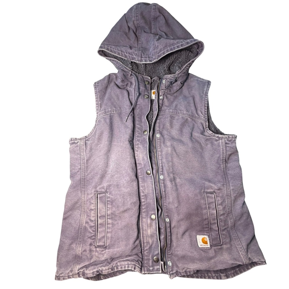 Vtg Carhartt Women's Sandstone Duck Sherpa Lined Hooded Vest Faded Gray Lilac - Picture 4 of 10